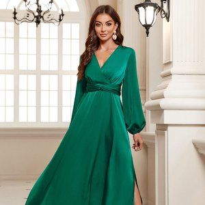 Surplice Long Sleeve Slit Midi Dress